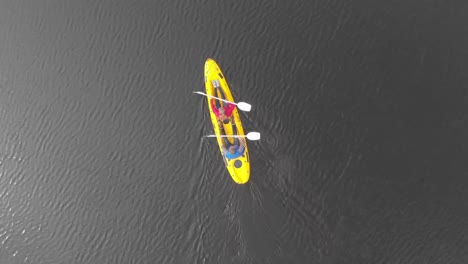 animación de personas caucásicas que se quejan en una canoa amarilla desde un ángulo de visión alto