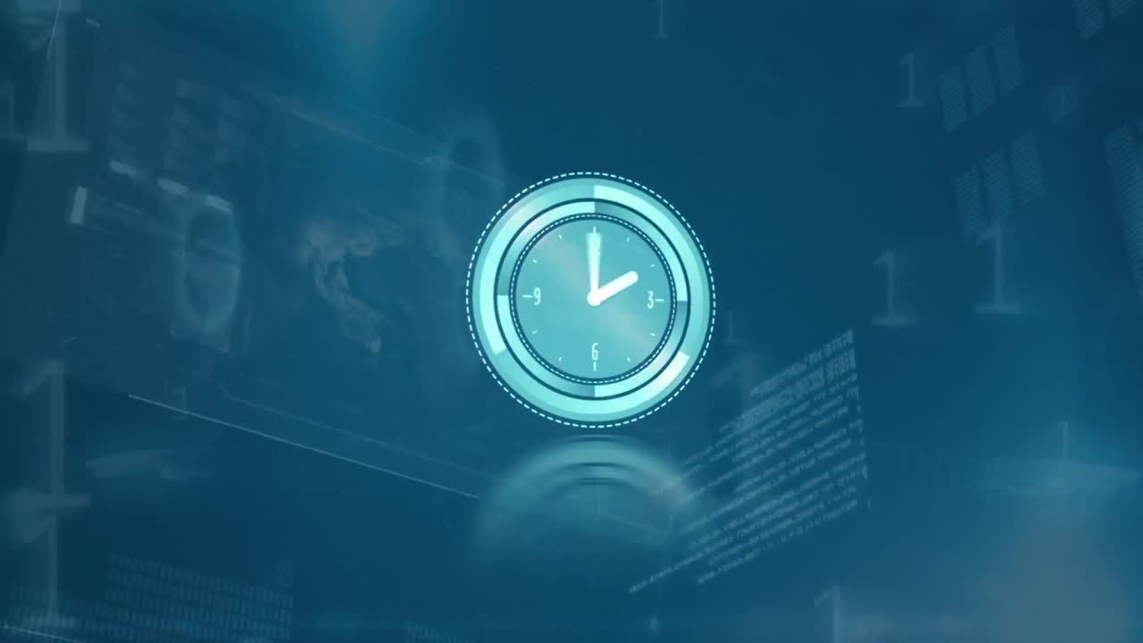 Animation of moving clock with data processing on black background