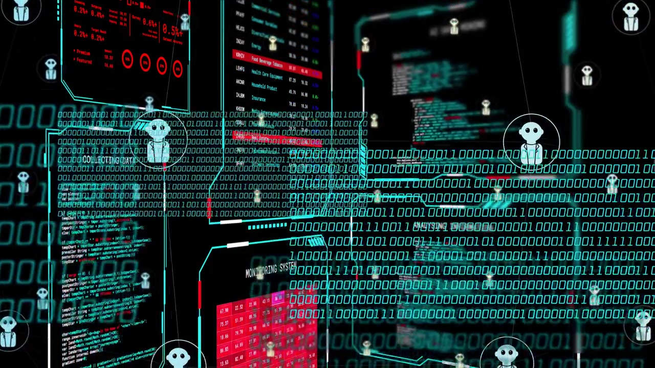 Binary stream starting across UI panels, growing, circling agents, then thinning to reveal data