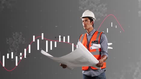 animación de diversos datos financieros y gráficos sobre sobre ingeniero masculino caucásico