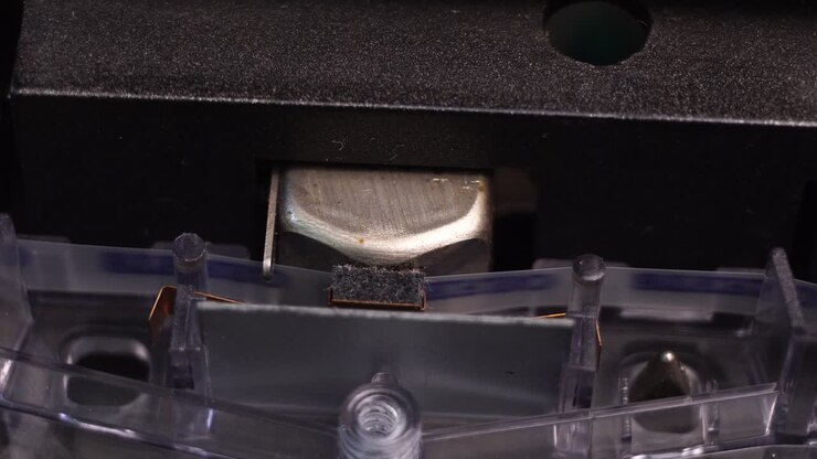 Audio Cassette Tape Moving Under Magnetic Head in Vintage Deck Player, Starting Playback or Recording