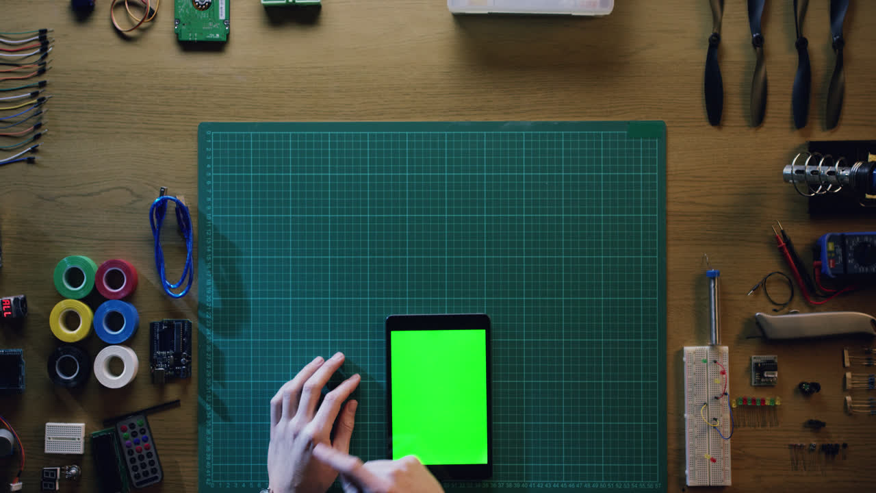 위에서 테크니션의 손이 책상에서 일하는  ⁇  - 빨간 서사시 드래곤