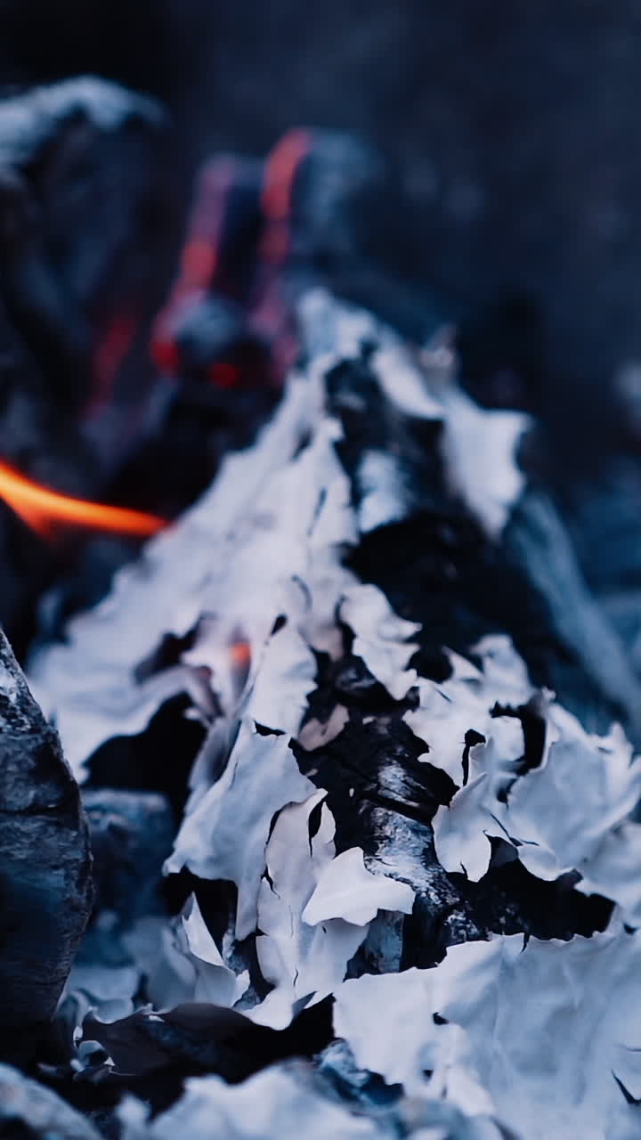 Dark smoldering logs after burned fire. Firewood and embers burning slightly. Close-up. Slow motion. Vertical video