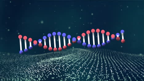 animating dna strand over digital landscape with particles in background