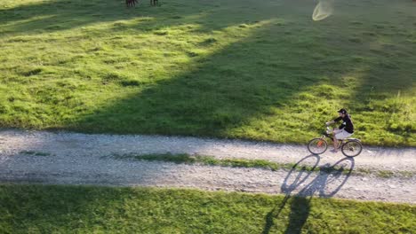 Luftaufnahmen-Eines-Mannes,-Der-An-Einem-Sonnigen-Sommertag-Sein-Fahrrad-Auf-Einer-Landstraße-Reitet