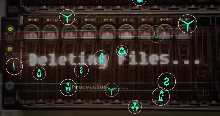 Animation of eco icons and data processing over computer servers