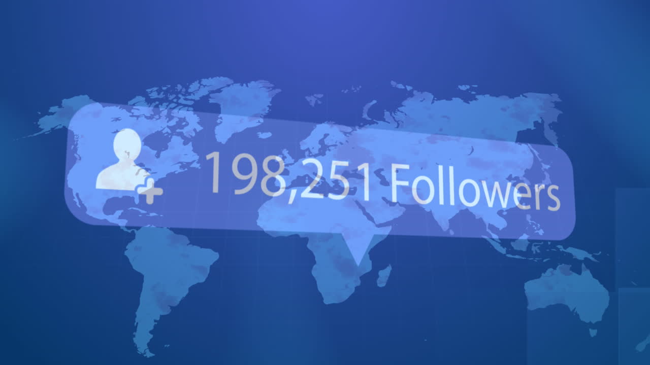 Animation of icon, changing numbers, followers text over map against abstract background