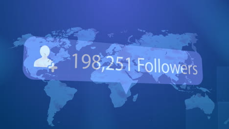 animation of icon, changing numbers, followers text over map against abstract background