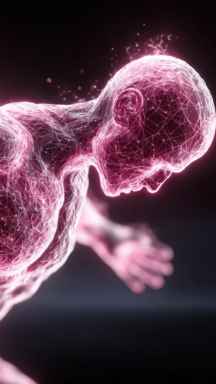 Una visualizzazione accattivante di una forma antropomorfa costruita con intricate reti di energia e luce, che enfatizza il movimento e l'espressione nell'arte digitale.