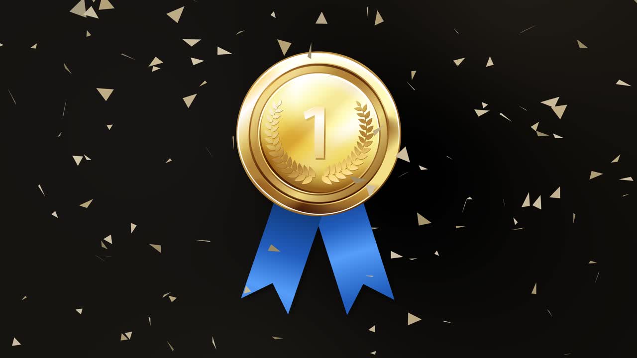 moneda de oro con cinta azul y confeti