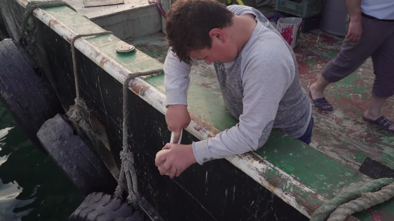 보트에서 조개를 청소하는 어린 소년