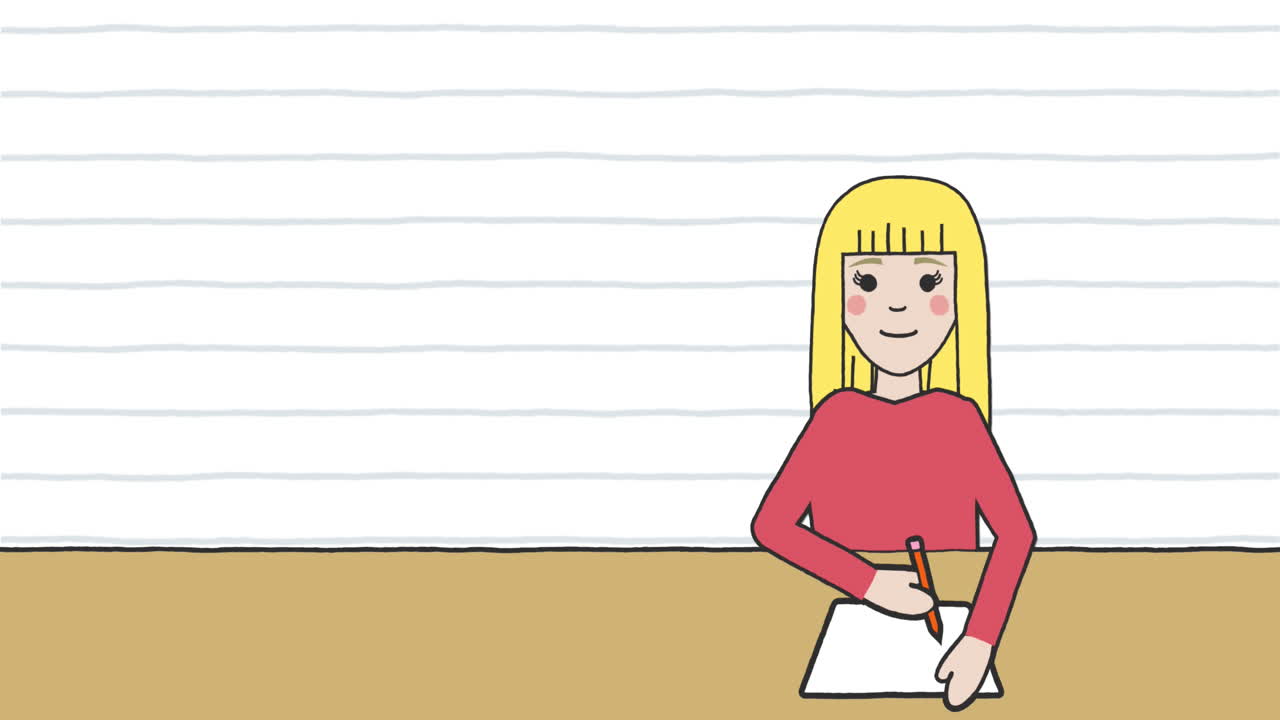 Animación digital de colegiala estudiando e iconos de concepto escolar sobre papel rayado blanco