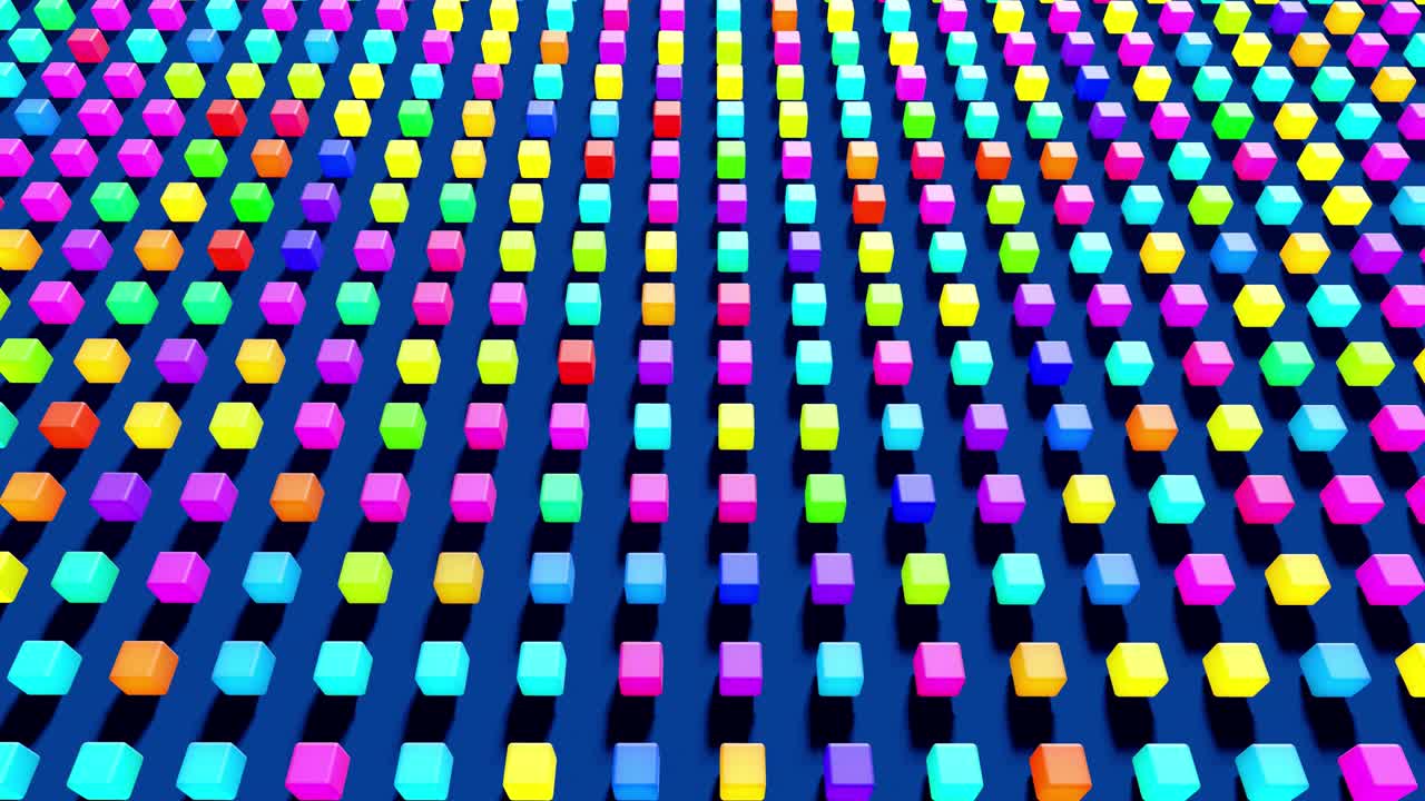 4k fondo de bucle abstracto con cubos alineados en filas en un plano, iluminación de neón de cubos, animación ciclada suave. bg para espectáculos festivos o eventos de vacaciones, videos musicales, bucle vj para clubes nocturnos.