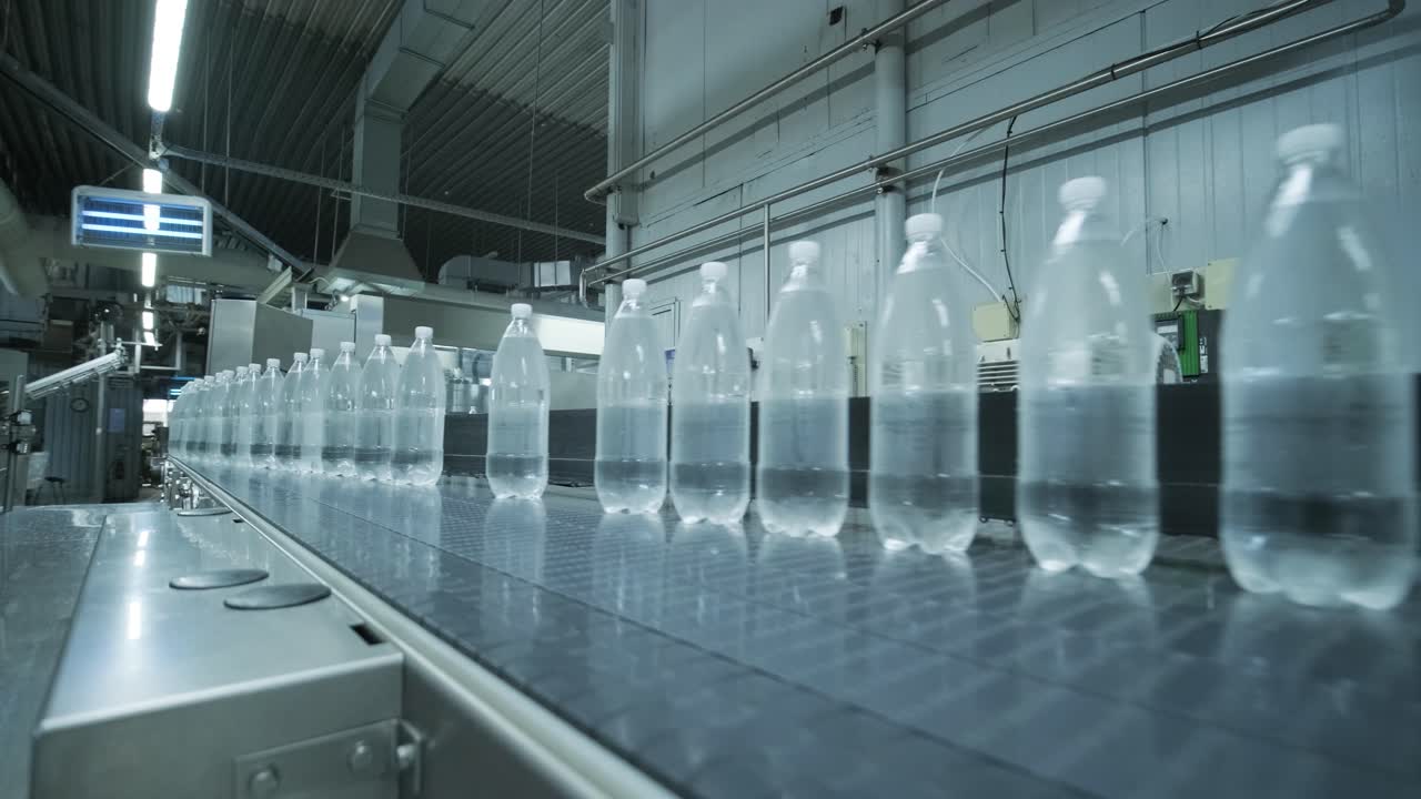 Conveyor belt with bottles of drinking water at a modern beverage plant