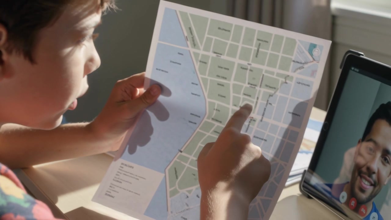 Pointing boy in patterned T-shirt responding to tablet call, holding and tracing map at desk