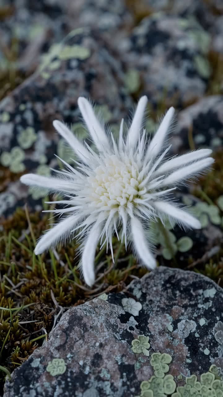 White Spiky Flower Among Rocks and Moss