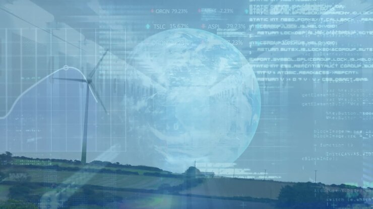 Animation of financial data processing with globe and server room over wind turbine