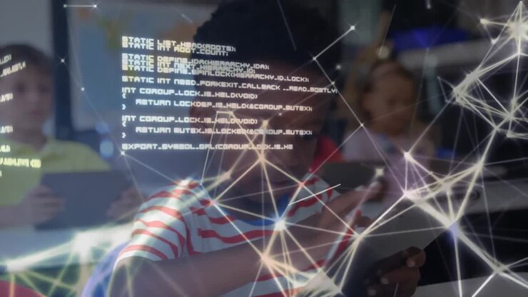 Network of connections against african american boy using digital tablet at school