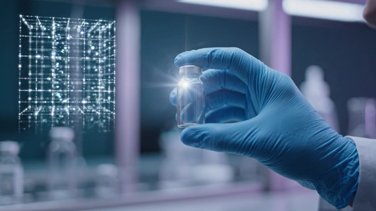 Exploring Pharmaceutical Innovations: A Gloved Hand Holding a Vaccine Vial Amidst a Digital Representation of Data in a Modern Laboratory Environment