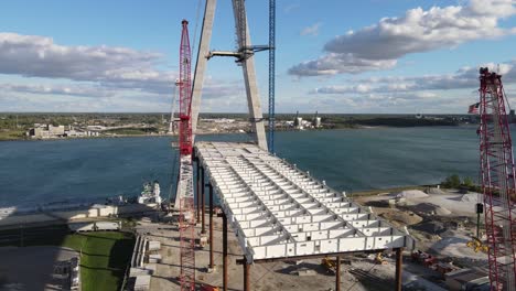 Gordie-Howe-international-bridge-construction-site,-aerial-drone-view