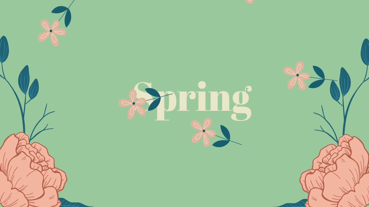 초록색 배경에 핑크색 꽃이 떨어지고 꽃 장식 위에 봄 텍스트의 애니메이션