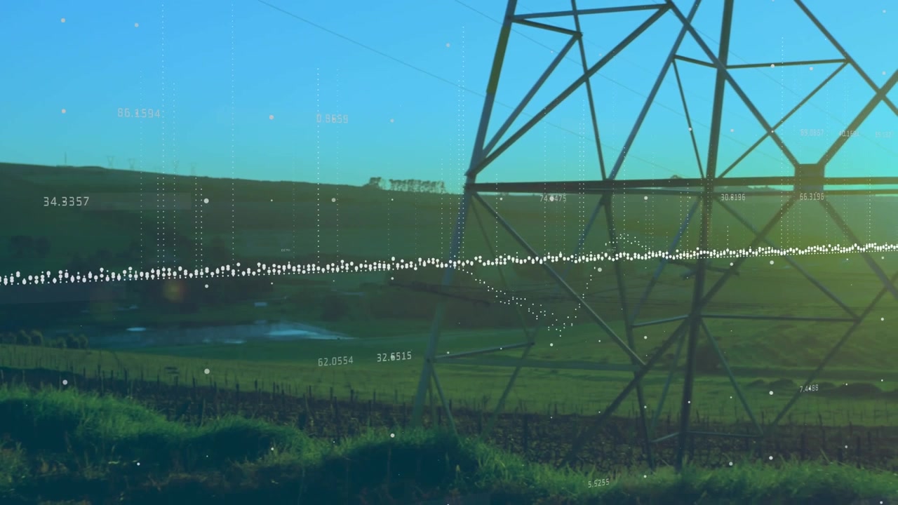 Animation of data processing over network towers on grassland against blue sky