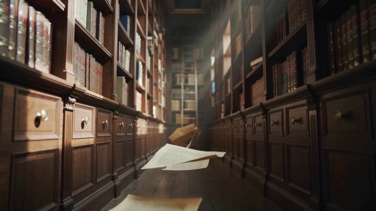 図書館の通路をひらひらと舞う紙のシートが、すきま風に引かれて移動式はしごの方へ漂う