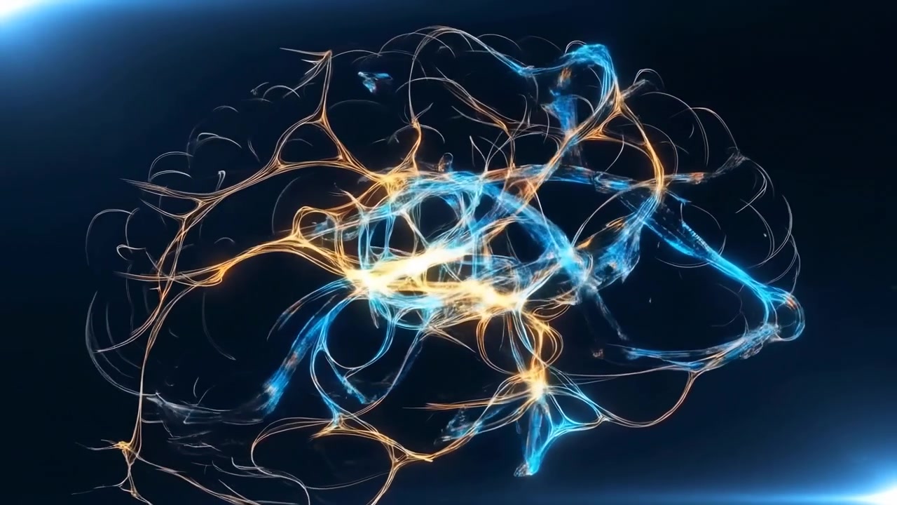 Bright blue and gold light trails form a centered abstract swirl against a deep dark backdrop, creating a futuristic look with soft edge illumination