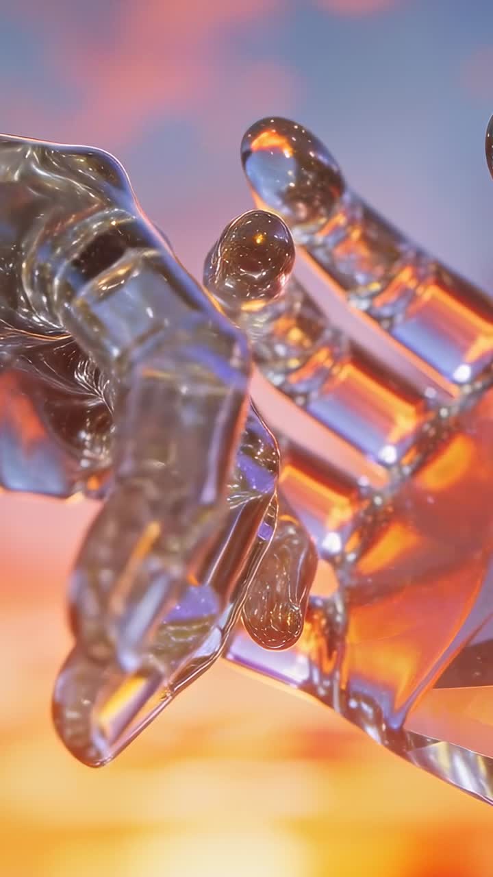 Vertical video: Playback starting, two clear glass hands rotating, reaching to interlock at sunset