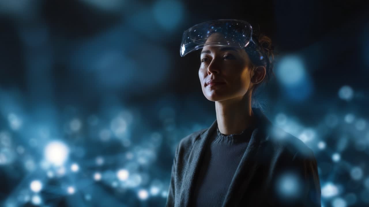 Una donna con visore futuristico osserva un regno di dati digitali e luci, simboleggiando innovazione, tecnologia ed esplorazione di ambienti virtuali