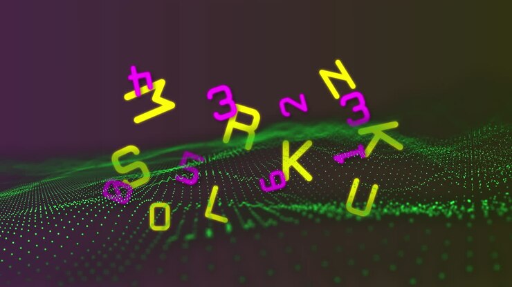 Animation of changing pink numbers and yellow letters over moving green digital landscape on black