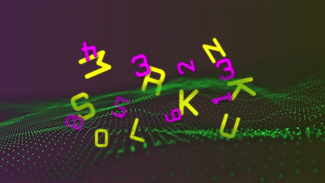 animation of changing pink numbers and yellow letters over moving green digital landscape on black