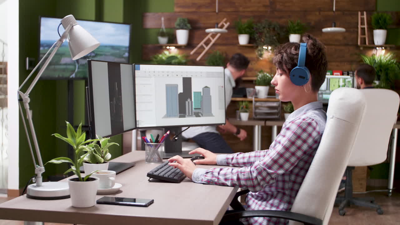 Woman working at a desk with computer in home office