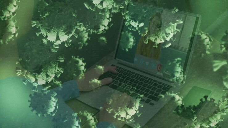 Animation of covid 19 cells over businesswoman on laptop video call