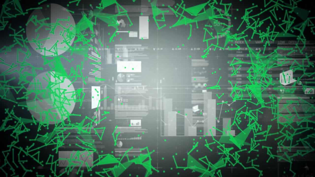 Green network of dots connecting across dark panels while charts sliding in data dashboard