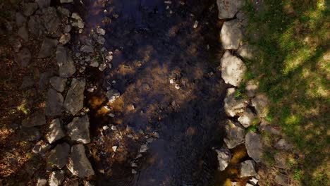 Fluss-Mit-Steinen-Und-Bäumen-Daneben,-Draufsicht,-Drohnenaufnahme