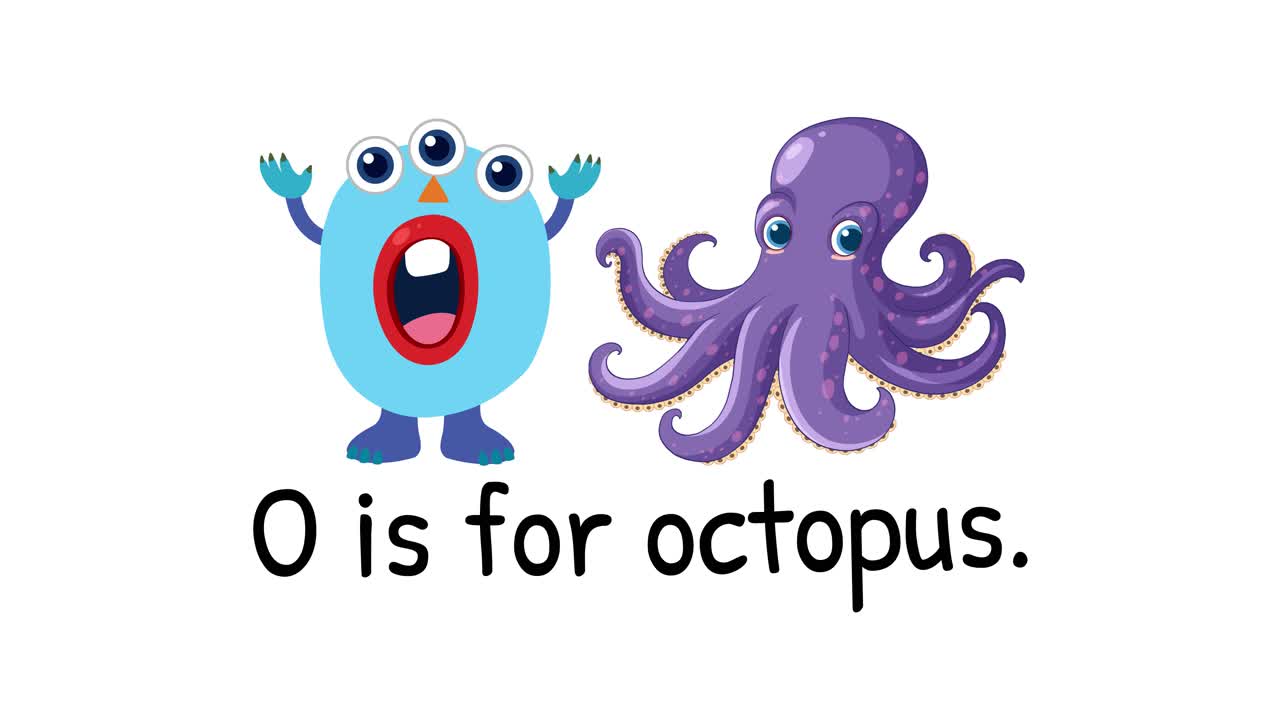 Playful animation introducing the letter O with a cheerful octopus and character, vibrant colors, and engaging transitions