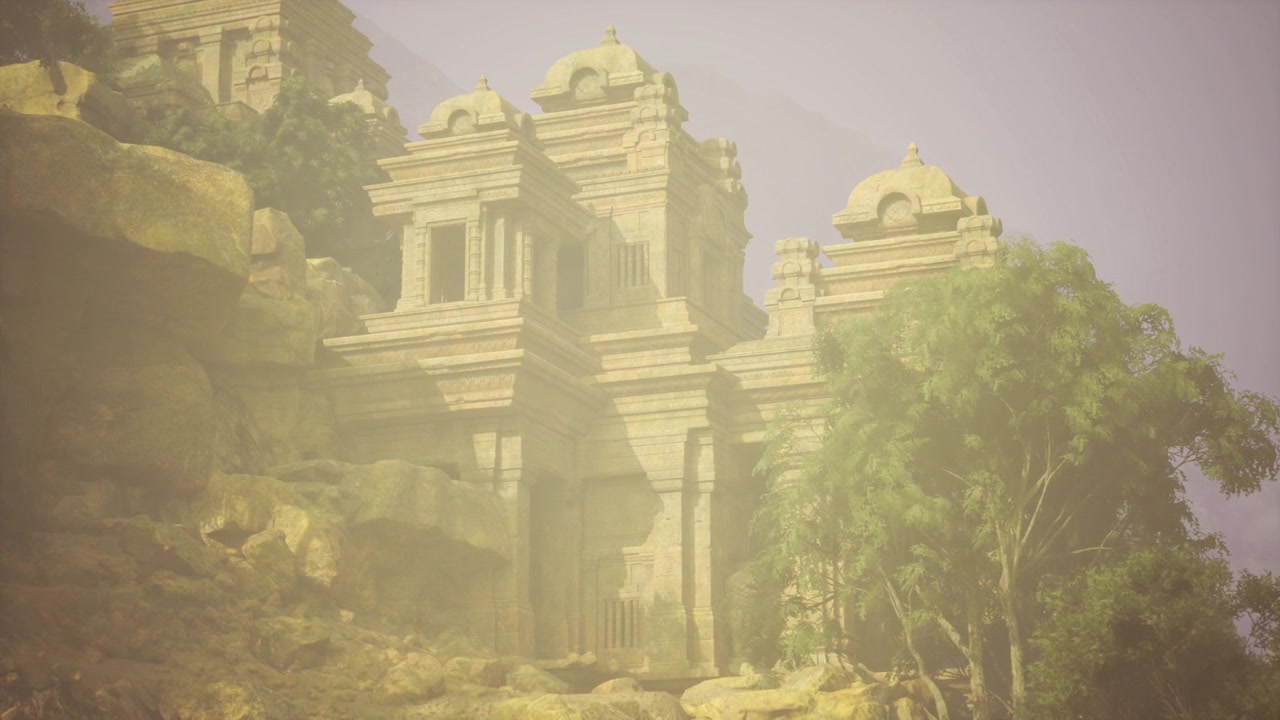 Sunkissed temple facade surrounded by lush trees and shadows