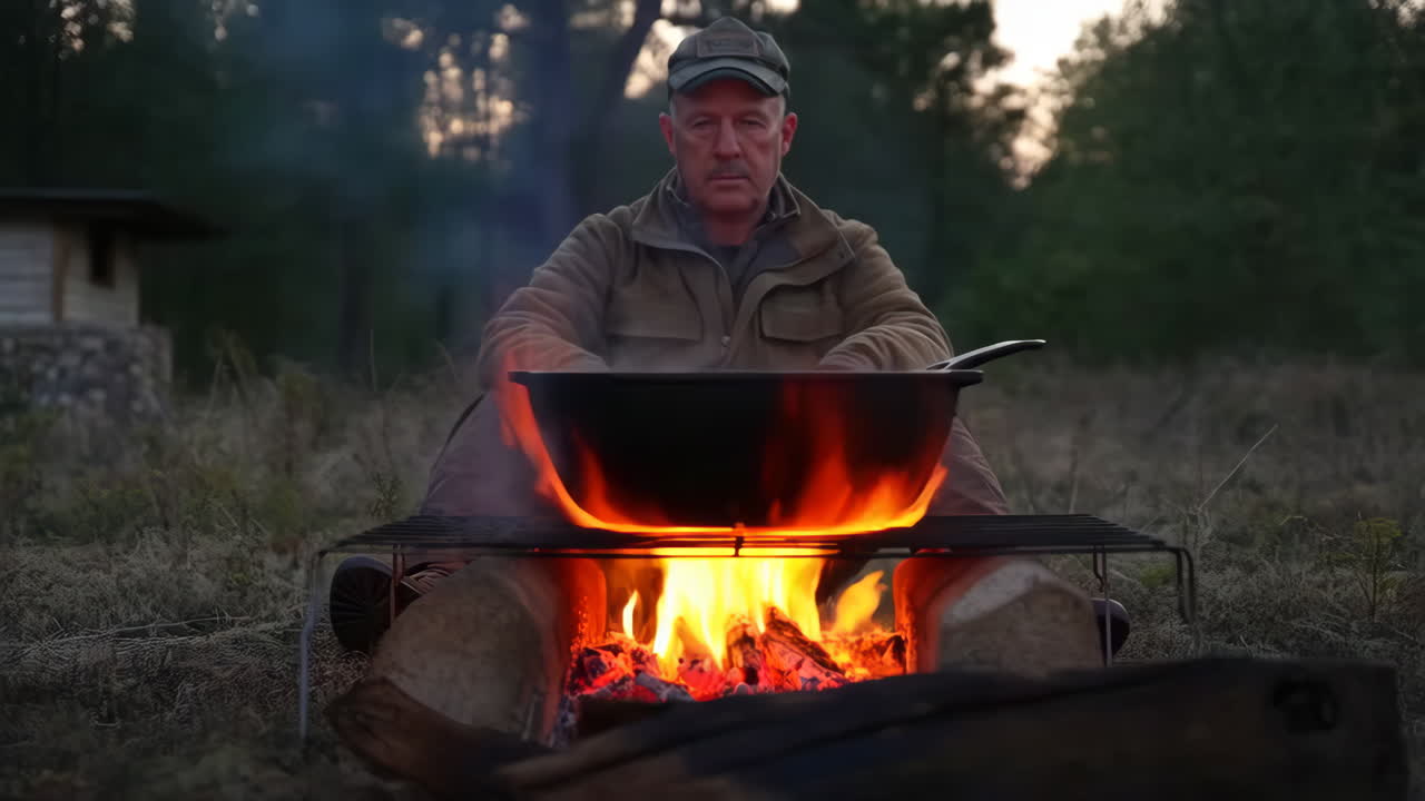 Man Cooking Over a Campfire Outdoors