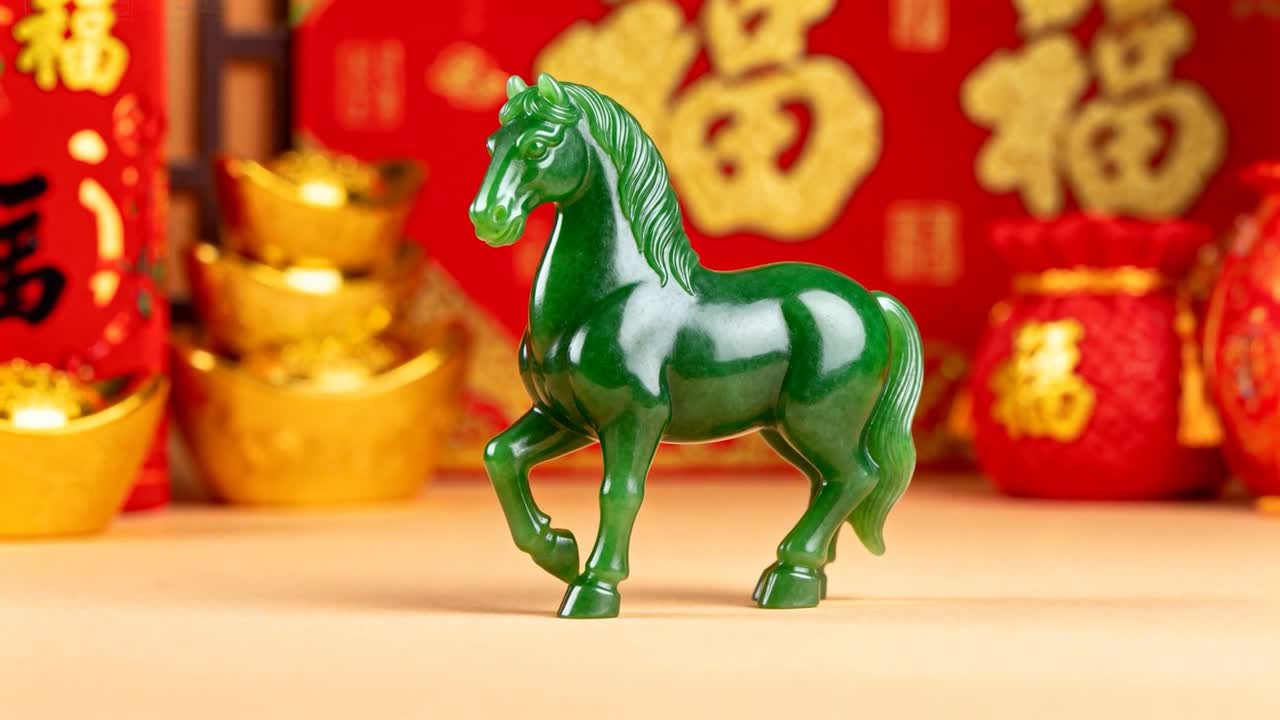 Câmera avançando e enfatizando o cavalo de jade em cima da mesa bege, os lingotes de ouro e os ornamentos vermelhos