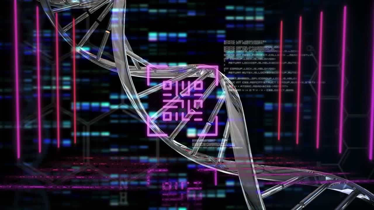 검은 바탕에 dna 구조와 모자이크 사각형 위에 네온 노란색 qr 코드의 디지털 애니메이션