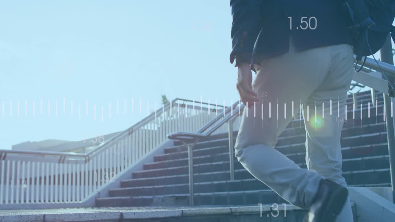 Mature male ascending stairs as waveform moving and line graph appearing tracking ascent analytics