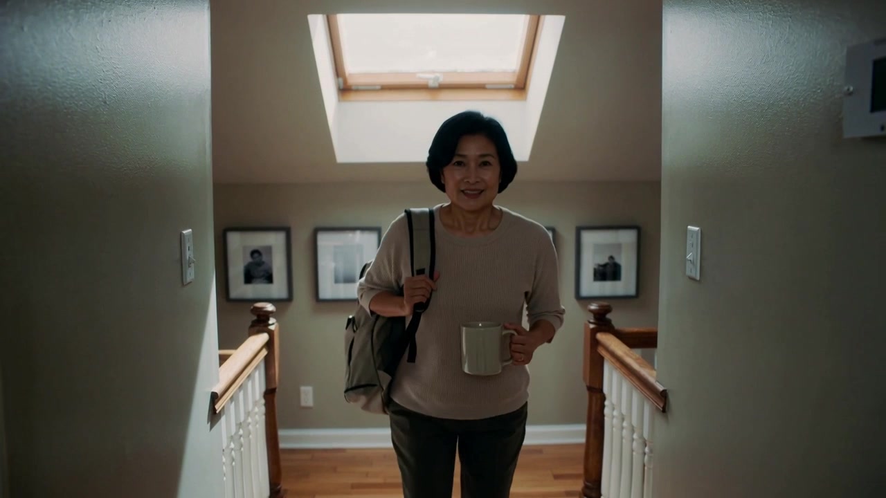Kvinde i beige sweater går ned ad reposen, holder et krus og justerer rygsækken for at tage afsted.