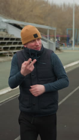 close up of a coach jogging alongside with a young boy on a track in a stadium with someone also coming from behind jogging as the coach talks to the boy