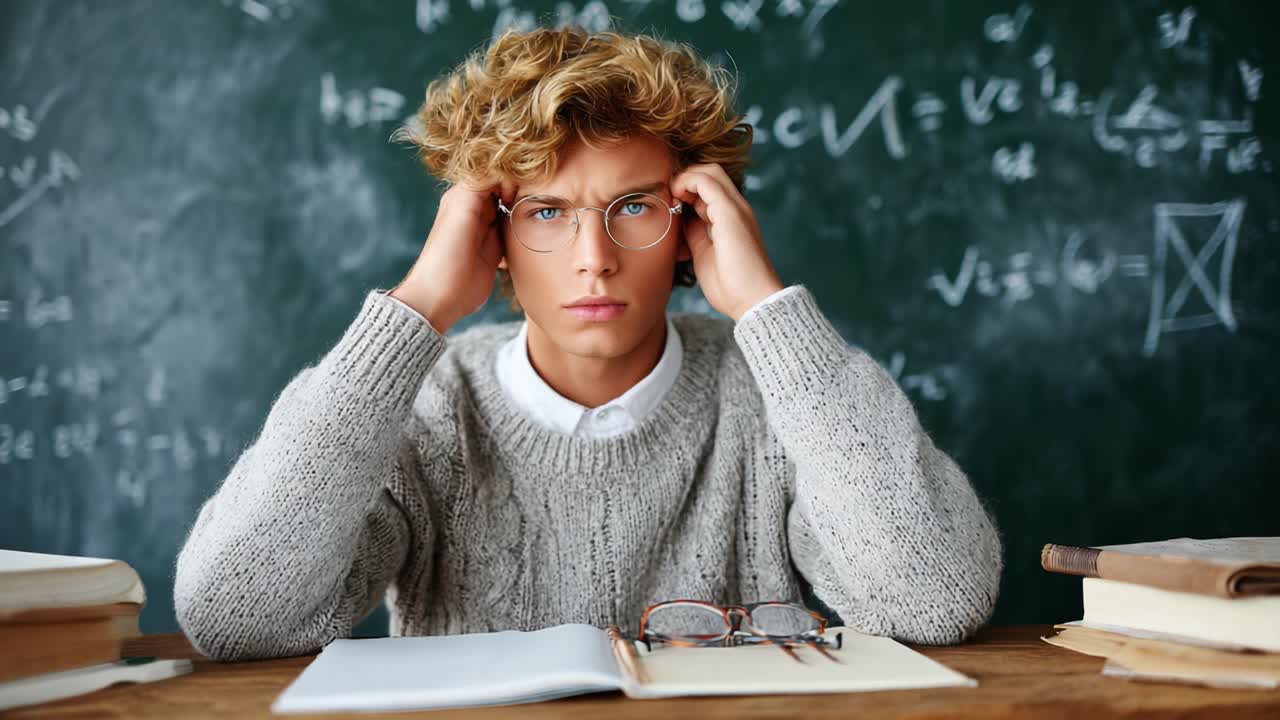 Frustration and Focus: A Student Confronts Academic Challenges in a Classroom Setting, Struggling to Understand Complex Concepts Amidst a Sea of Notes and Equations