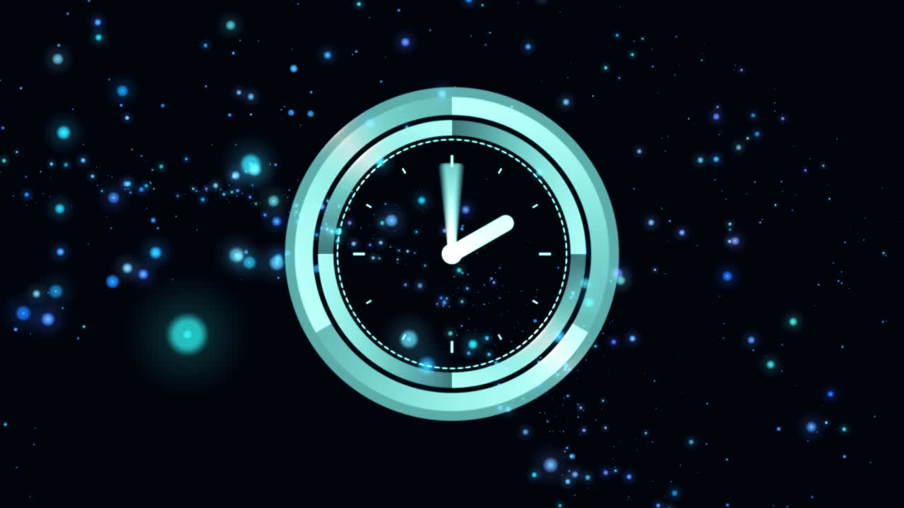 Animation of clock moving over glowing spots on black background