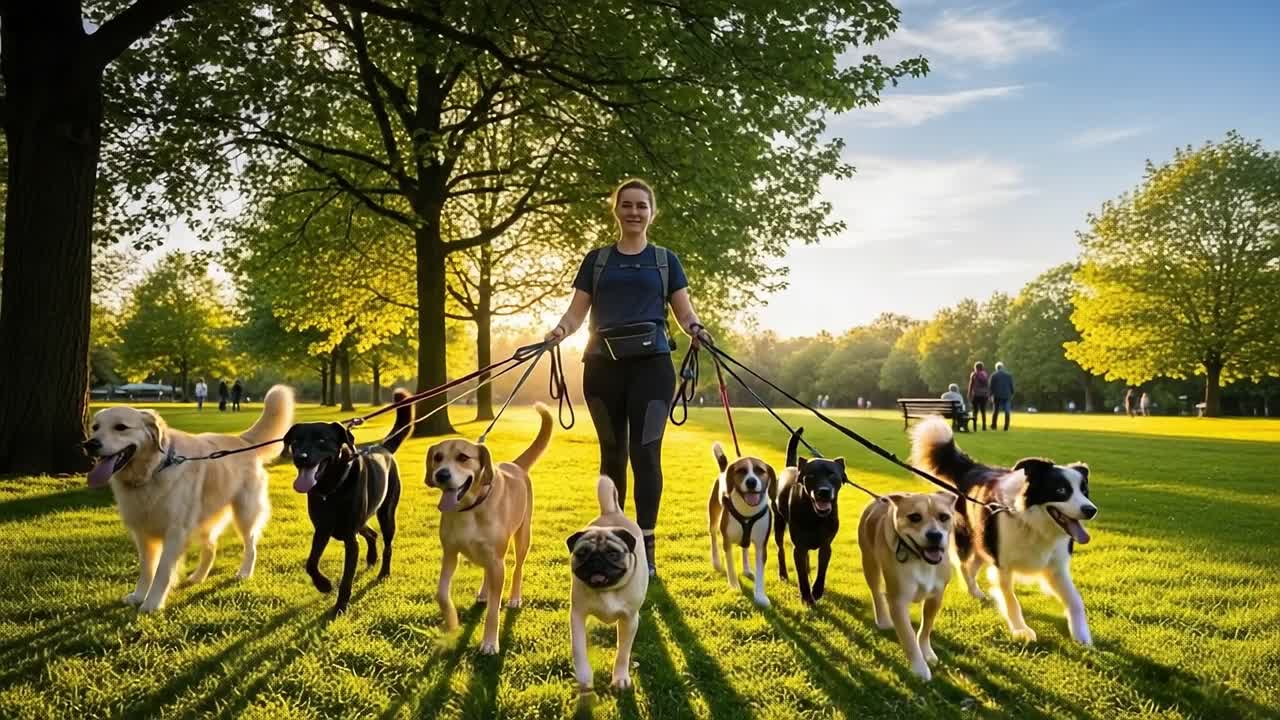 A Dog Walker Leading a Happy Pack of Canines Through a Lush, Sunlit Park During Golden Hour, Capturing Their Joyful Spirits and Bond with Nature