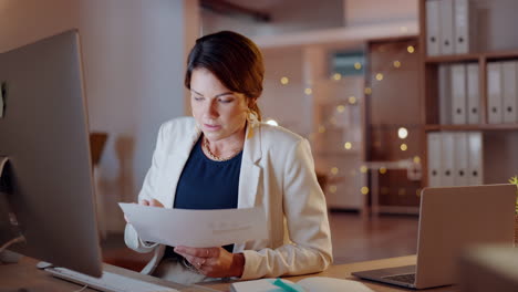 Woman,-night-and-document,-computer