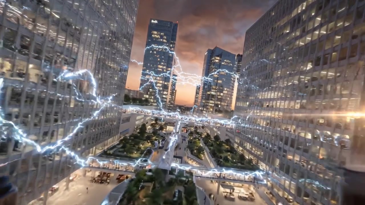 Dynamisk urban energi: Fanger den elektriske stemningen i en moderne by i skumringen med slående refleksjoner og lyneffekter over skyskraperne og elven