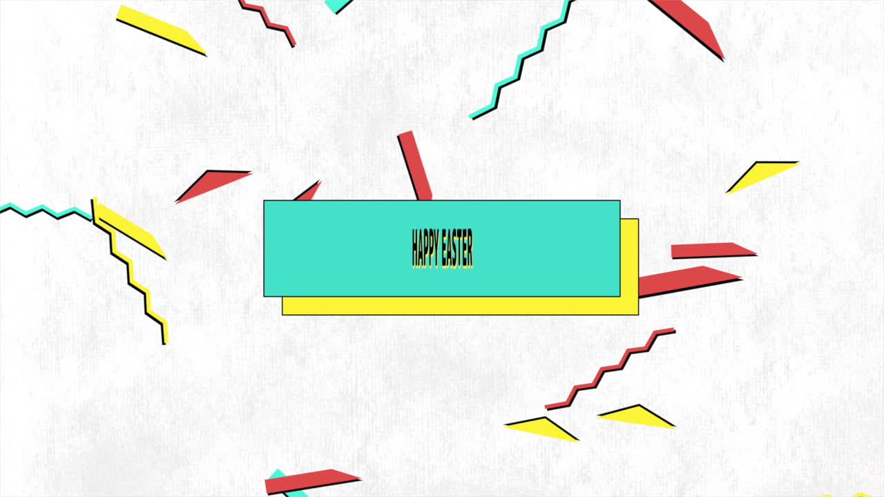 다채로운 기하학적 배경으로 대담한 글씨로 이스터 축하합니다.